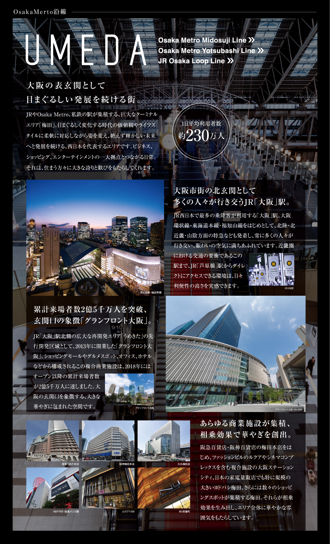 大阪の表玄関として目まぐるしい発展を続ける街。大阪市街の北玄関として多くの人々が行き交うJR「大阪」駅。累計来場者数2億5千万人を突破、眼科ん口の象徴「グランフロント大阪」。あらゆる商業施設が集結、相乗効果で華やぎを創出。