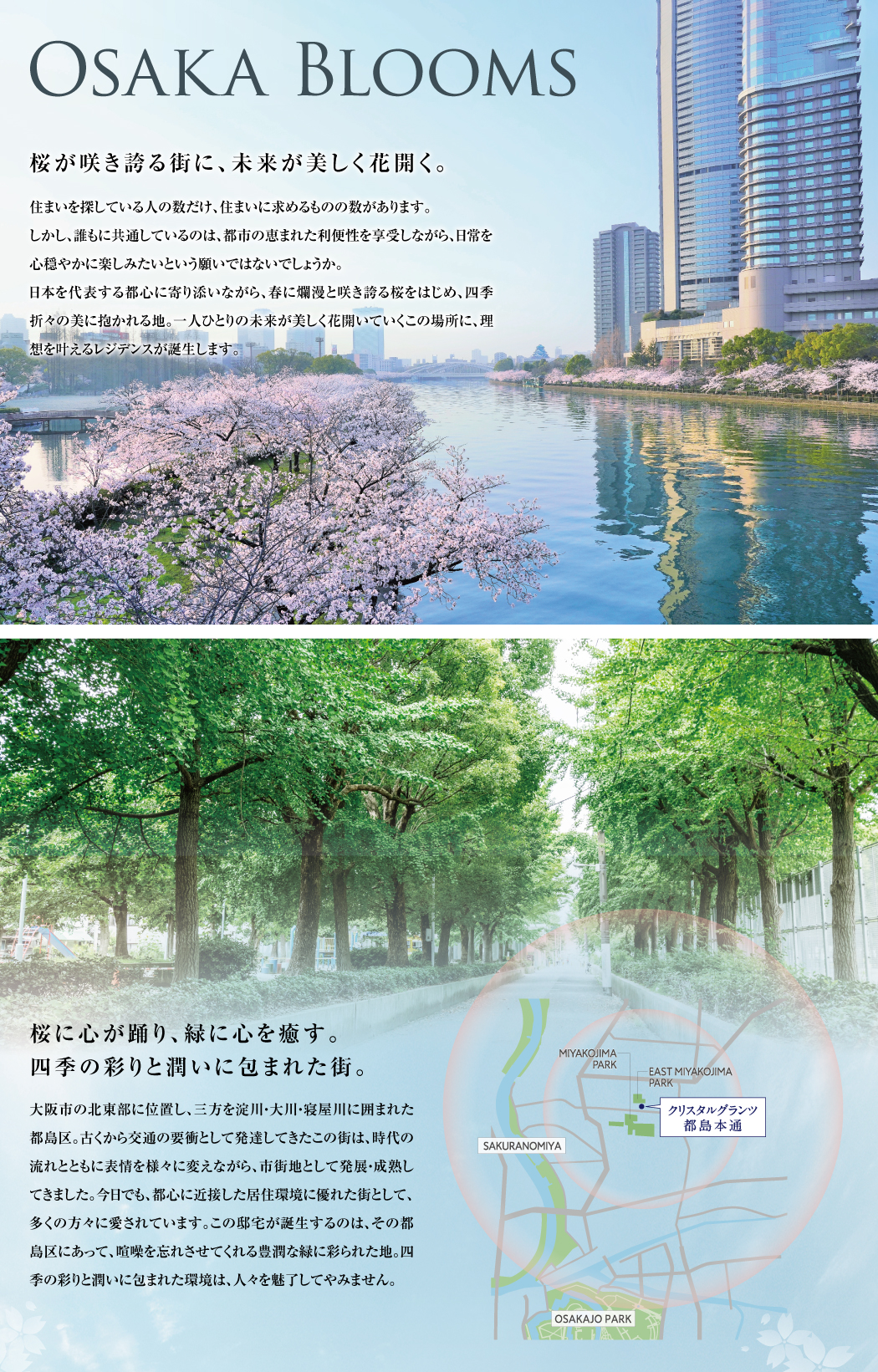 OSAKA BLOOMS,桜が咲き誇る街に、未来が美しく花開く。桜に心が踊り、緑に心を癒す。四季の彩りと潤いに包まれた街。